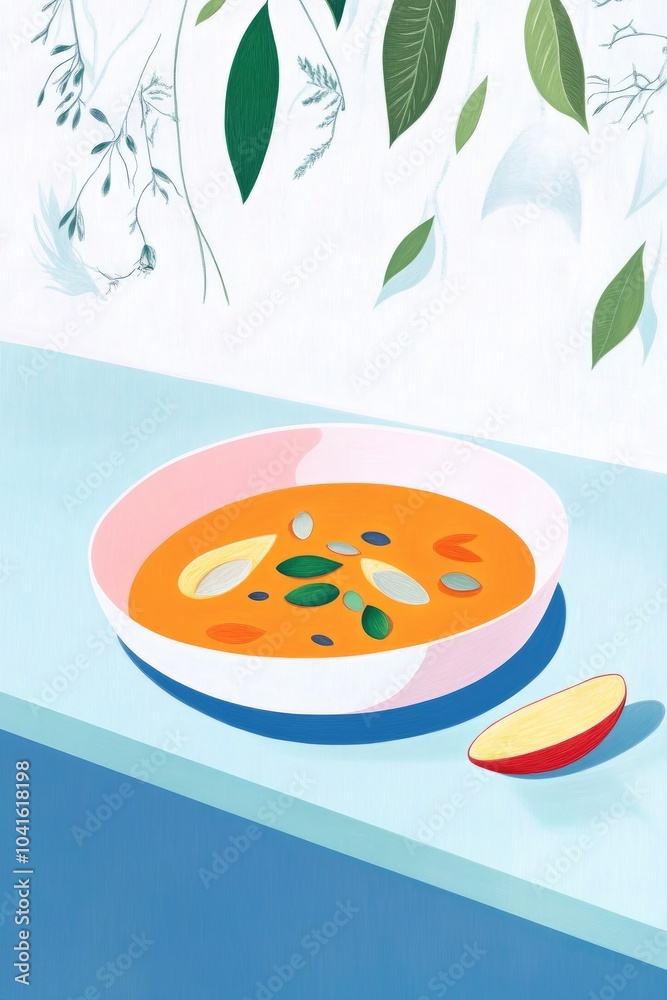 Illustration of pumpkin soup served with pumpkin seeds featuring ample space for coloring Illustration of pumpkin soup served with pumpkin seeds featuring ample space for coloring