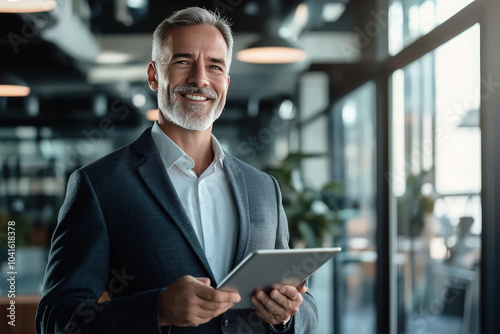 A mature businessman stands in a modern office with a tablet in his hand. He is smiling confidently at the camera.