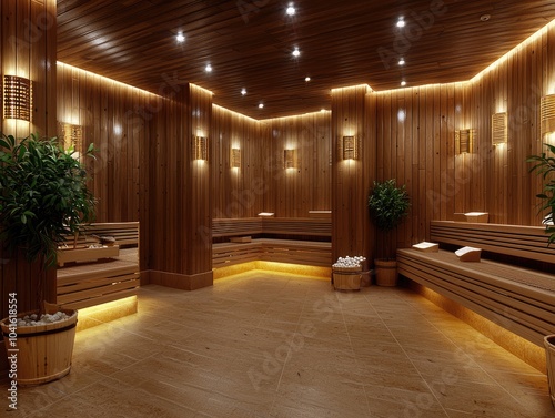 Modern Wooden Sauna Interior with Ambient Lighting