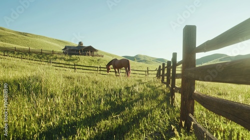 Serene Wild West Landscape with Horse, Ranch House, and Rolling Hills under Cinematic Light