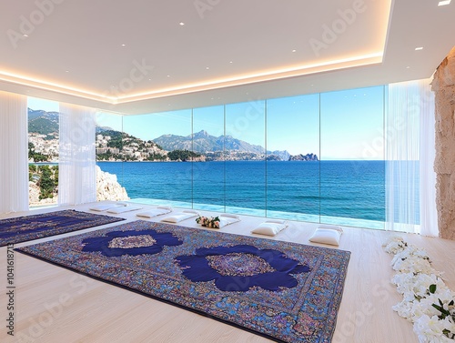 Serene Modern Interior with Ocean View and Rugs