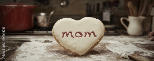 Heart-shaped cookie with mom on a cluttered countertop, creating a cozy atmosphere. Perfect for mother's day or family gatherings. Delicious homemade treat with ample copy space