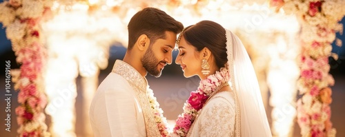 Couple partaking in a traditional wedding ritual under a floral canopy, soft lighting enhancing the spiritual and emotional moment photo