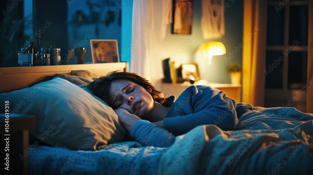Person tossing and turning in bed, struggling with insomnia and restlessness. The scene captures the emotional turmoil and physical discomfort of a sleepless night. Person tossing and turning in bed, struggling with insomnia and restlessness. The scene captures the emotional turmoil and physical discomfort of a sleepless night.