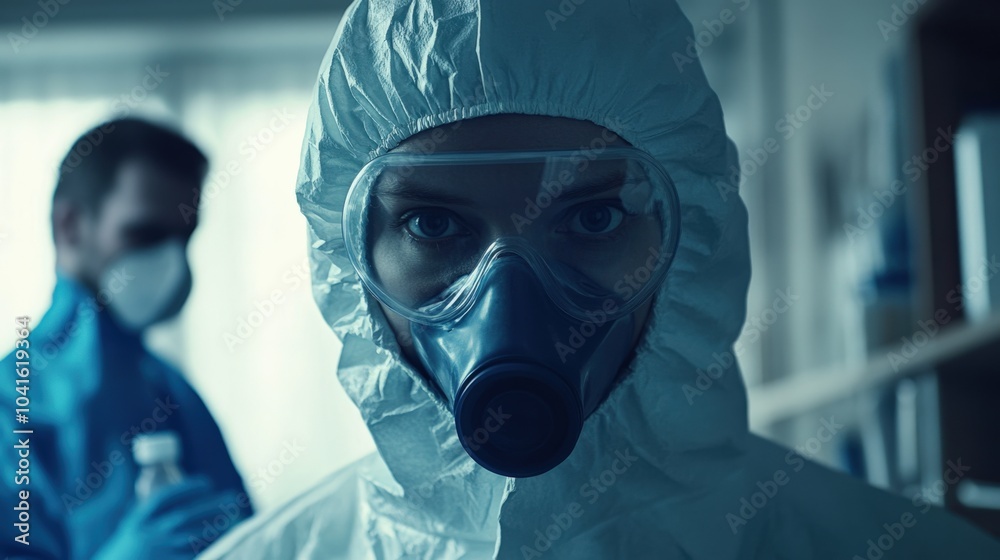 Man in a protective suit and mask handling hazardous materials in a controlled environment. Man in a protective suit and mask handling hazardous materials in a controlled environment.