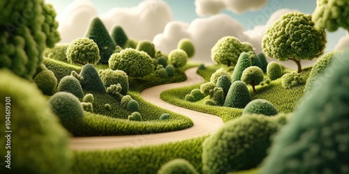 Pathway winding through fields and bushes in a rural setting, Winding pathway through fields and bushes in a rural setting