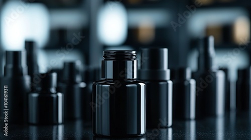 Stylish black bottles arranged elegantly, showcasing modern design for cosmetics or fragrance on a blurred background.