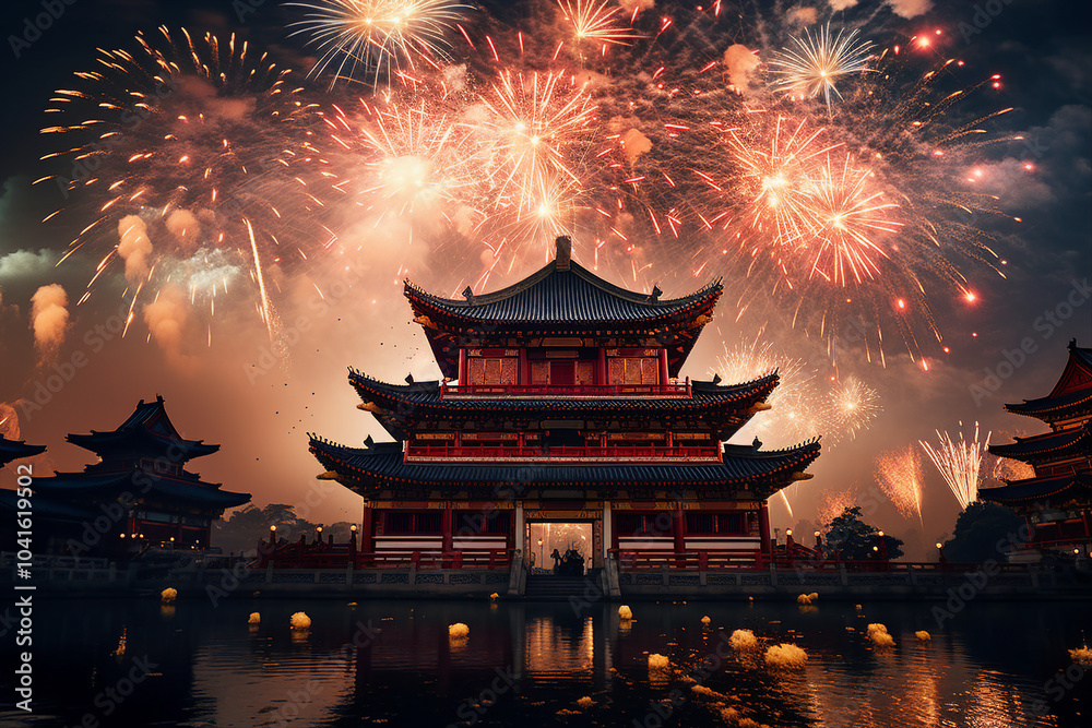 Fototapeta premium Generative AI picture concept of chinese asian new year, traditional decorations customs food carnival