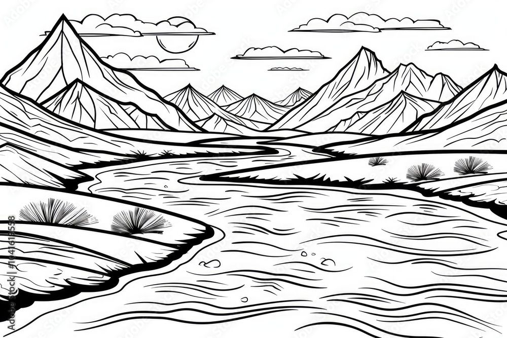 Fototapeta premium Coloring book illustration of a serene river flowing through mountains