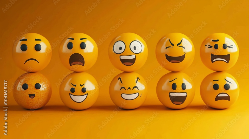 Obraz premium Design a collection of yellow emoji faces in vector graphics, showcasing diverse expressions like joy, frustration, excitement, and confusion. This set is ideal for enhancing digital designs and socia