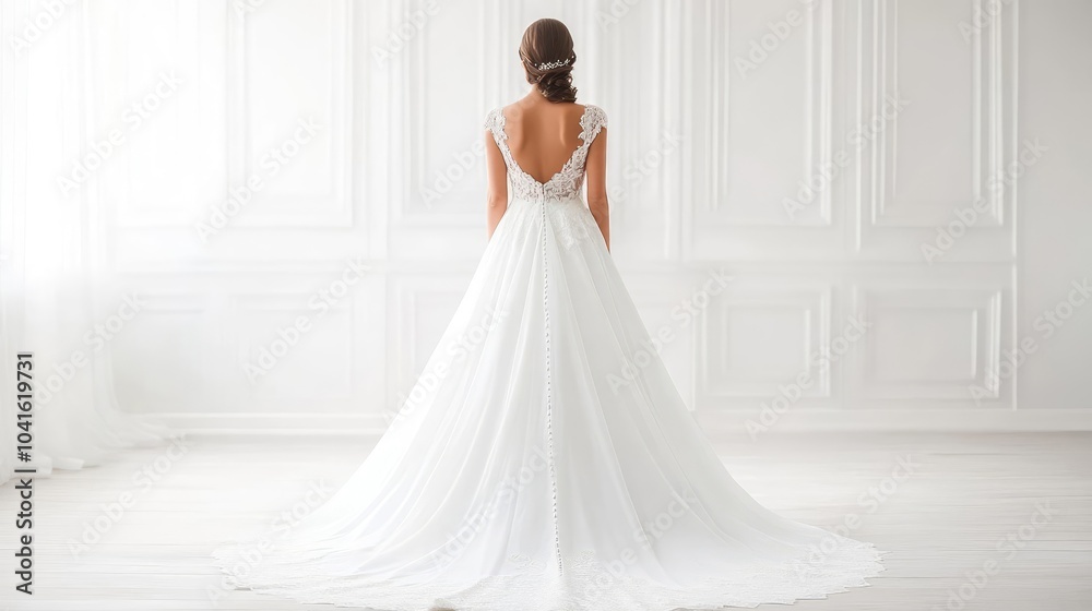 Fototapeta premium Bridal gown with a long train flowing elegantly down the aisle, delicate lace and intricate details creating a timeless look