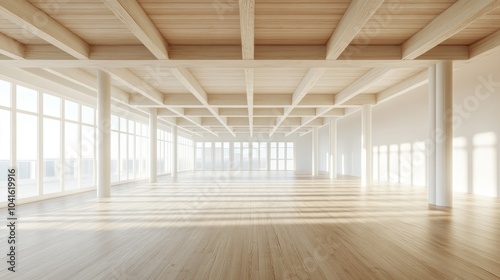 3D rendering of a vacant area featuring a ceiling with white wooden beams and a wooden floor illuminated by gentle natural daylight