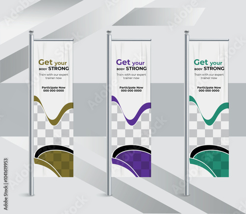 Fitness or Gym center  advertising feather banner flags design template