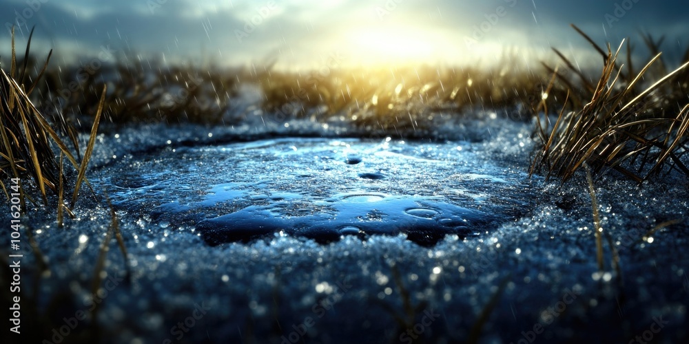 Thin, translucent ice covers a reservoir's surface, revealing dried grass and trapped air bubbles beneath, Translucent ice covering a reservoir revealing dried grass and air bubbles Thin, translucent ice covers a reservoir's surface, revealing dried grass and trapped air bubbles beneath, Translucent ice covering a reservoir revealing dried grass and air bubbles