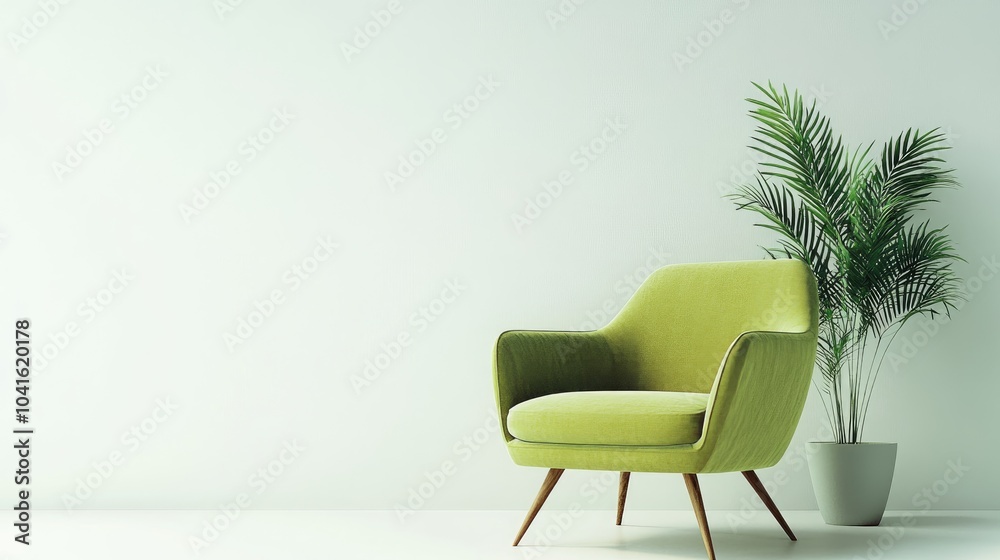 3D rendering of a green armchair with a plant against a white background 3D rendering of a green armchair with a plant against a white background