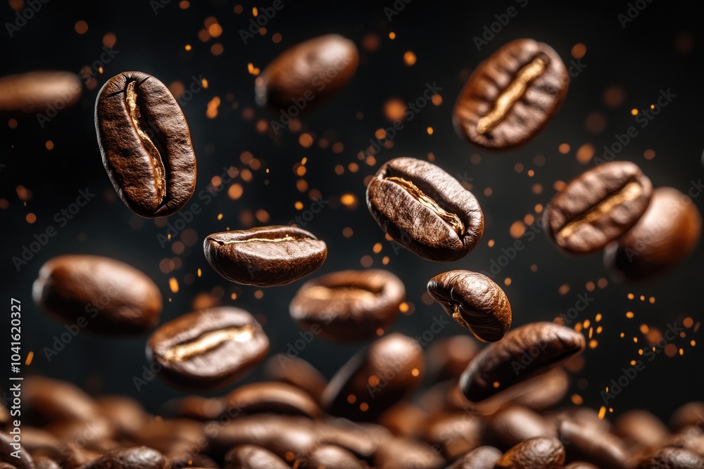 Roasted coffee beans in motion. This photo can be used for coffee advertising, websites, or marketing materials. Roasted coffee beans in motion. This photo can be used for coffee advertising, websites, or marketing materials.