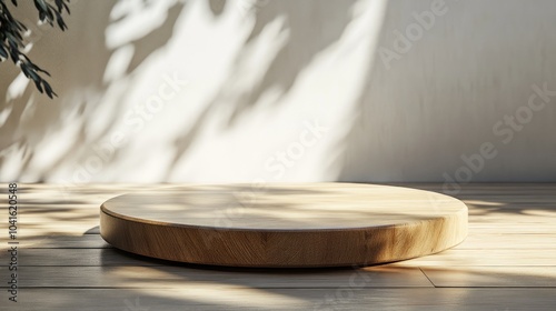 3D rendering of an empty beautiful round wood tabletop in a clean and bright interior with shadowed background suitable for product montage photo