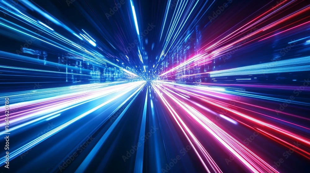 Neon-bright linear patterns streak through a dark blue backdrop, creating an illusion of rapid movement and motion blur. This futuristic illustration embodies the energy of cyberspace Neon-bright linear patterns streak through a dark blue backdrop, creating an illusion of rapid movement and motion blur. This futuristic illustration embodies the energy of cyberspace