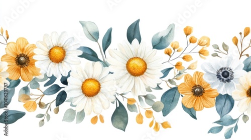 Watercolor floral arrangement featuring daisies cosmos anemones and leaves Hand painted design on a white background suitable for prints fabrics or backgrounds