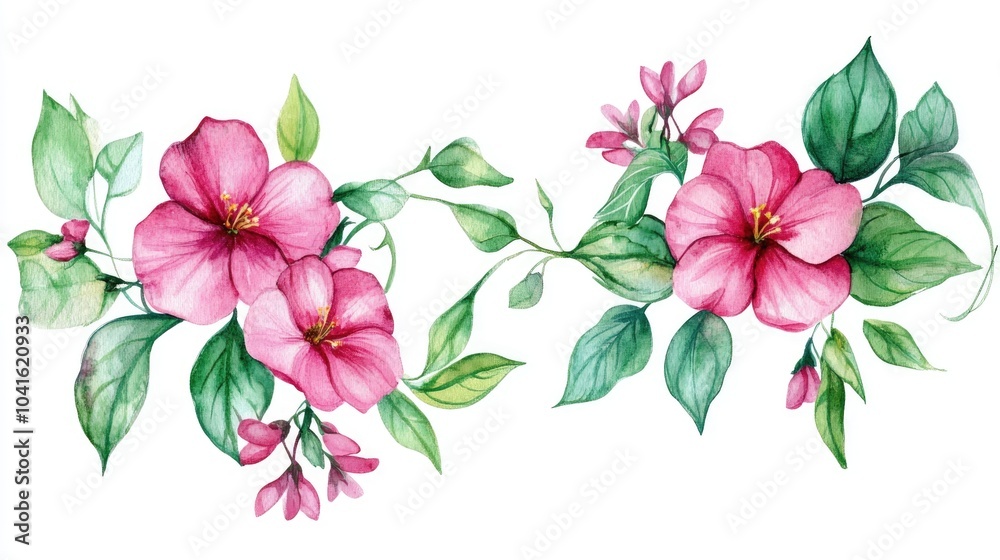 Watercolor Frame Featuring Pink Flowers and Green Foliage Watercolor Frame Featuring Pink Flowers and Green Foliage
