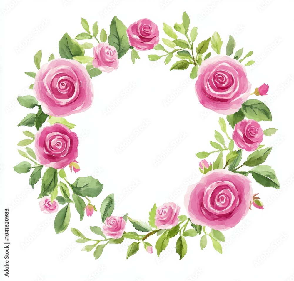 A watercolor wreath of pink roses and green leaves, illustration on a white background A watercolor wreath of pink roses and green leaves, illustration on a white background