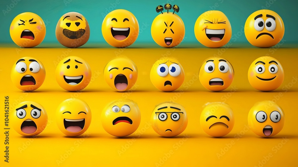 Obraz premium Create a vibrant set of yellow emoji faces in a playful vector graphic style, featuring exaggerated expressions of laughter, shock, and love. This collection is perfect for digital designs and social 