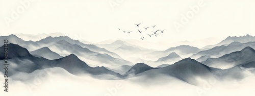 Birds flying over mountains in traditional japanese ink wash painting style