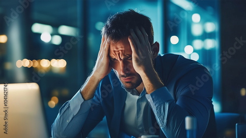 A professional businessman looking frustrated while sitting at a desk, head in hands, blurred office background, cool-tone lighting, capturing the essence of stress in a corporate setting