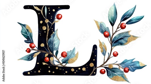 Black letter L adorned with vibrant watercolor twigs featuring green and gold leaves and red berries isolated Christmas illustration Hand painted alphabet element suitable for winter holiday stati photo