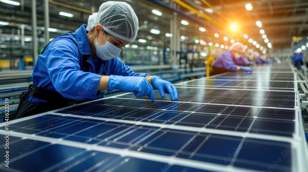 Technician in a solar panel factory, assembling photovoltaic cells while wearing gloves and a hairnet. Technician in a solar panel factory, assembling photovoltaic cells while wearing gloves and a hairnet.