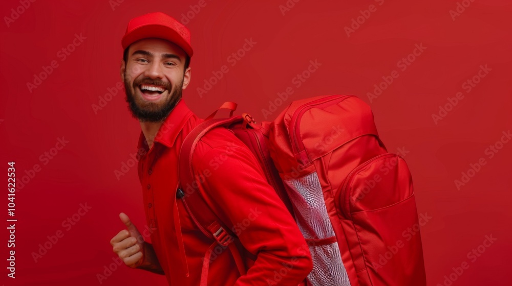 A cheerful young delivery person wears a red uniform and a matching cap, smiling energetically while carrying a red backpack.