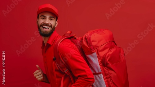 A cheerful young delivery person wears a red uniform and a matching cap, smiling energetically while carrying a red backpack.