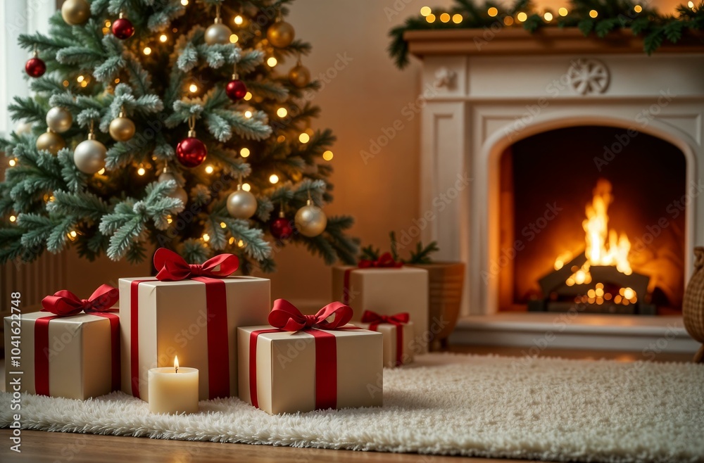 Christmas home interior with fireplace, gifts and magic glowing Christmas tree Christmas home interior with fireplace, gifts and magic glowing Christmas tree