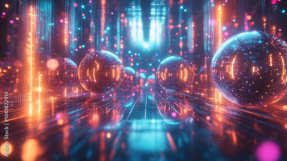Spheres floating in glowing digital corridor background Spheres floating in glowing digital corridor background