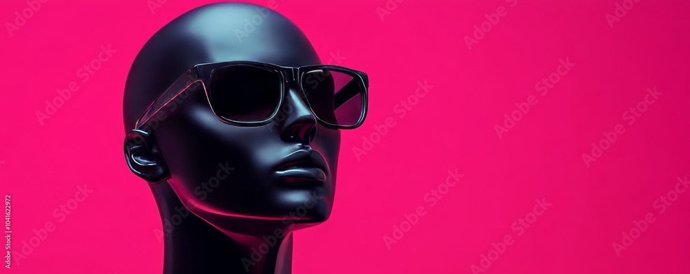 Black mannequin head sporting stylish sunglasses against a vibrant pink backdrop, perfect for fashion and retail-related themes