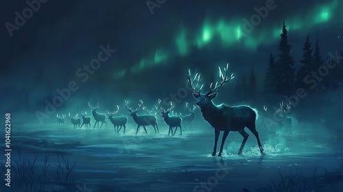 A mystical migration a herd of glowing antlered deer journeying through a frosty wilderness under the northern lights photo