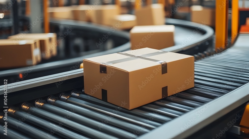 Automated Warehouse Sorting System with Packages Moving on Conveyors Automated Warehouse Sorting System with Packages Moving on Conveyors