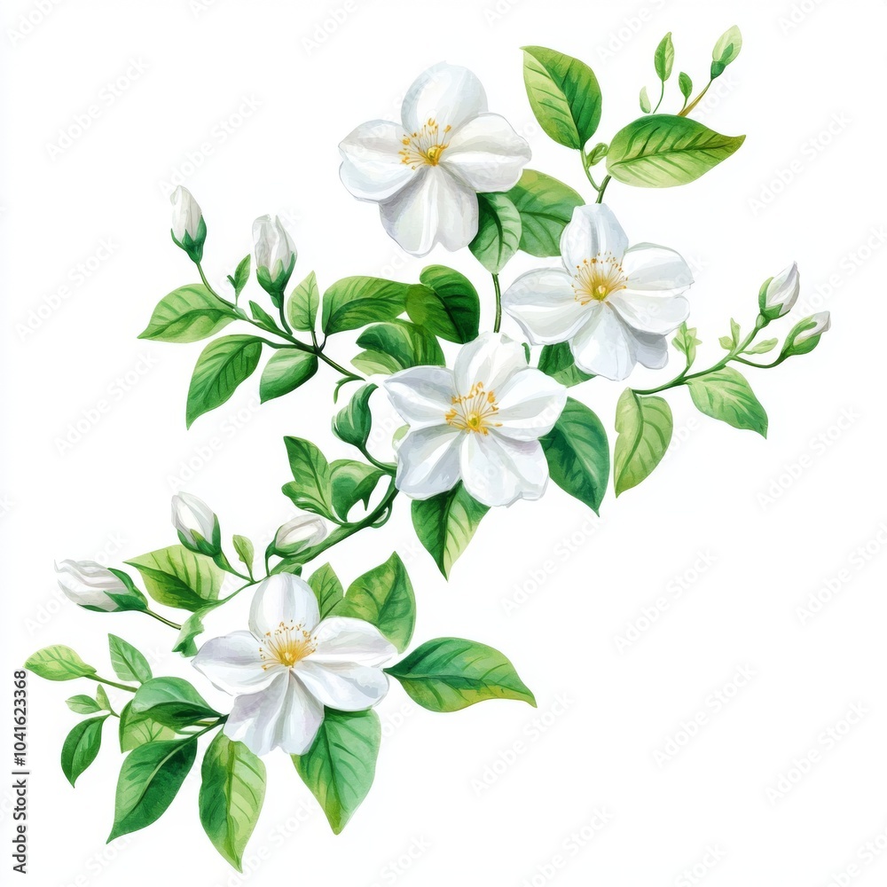 Jasmine flowers, white flowers and green leaves on a branch, covering the entire background, watercolor painting, sticker clipart Jasmine flowers, white flowers and green leaves on a branch, covering the entire background, watercolor painting, sticker clipart