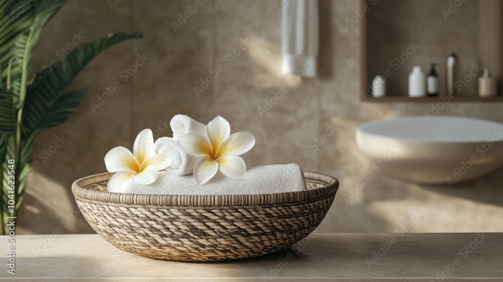 3D rendering of frangipani flowers and towel in a woven rattan basket in an elegant bathroom setting 3D rendering of frangipani flowers and towel in a woven rattan basket in an elegant bathroom setting