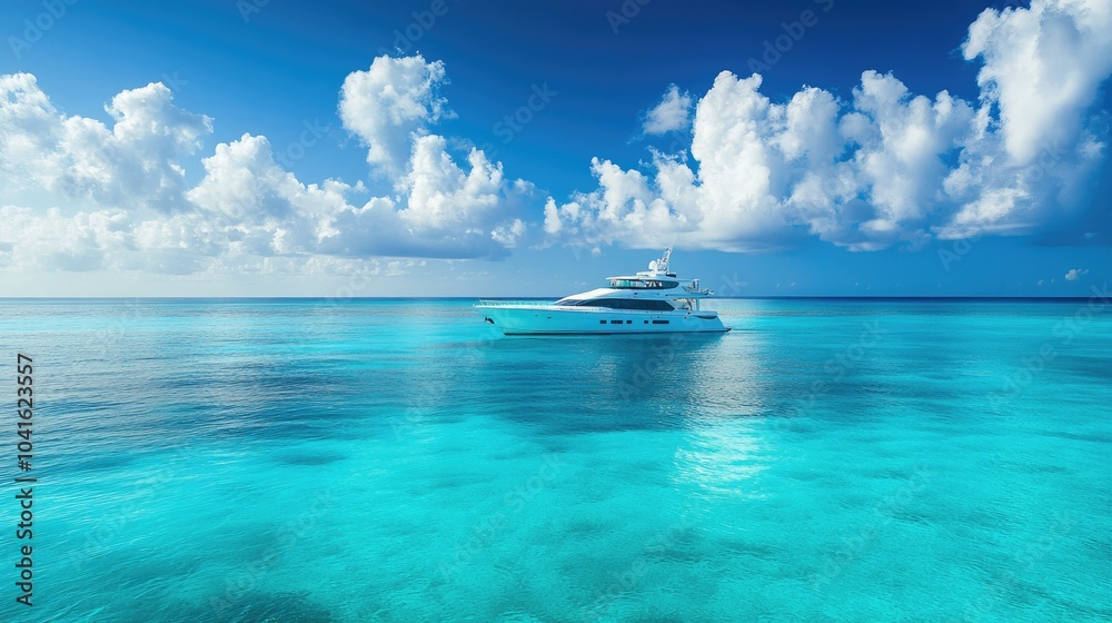 Luxury yacht cruising across calm turquoise waters, representing the thrill of adventure and the freedom wealth provides Luxury yacht cruising across calm turquoise waters, representing the thrill of adventure and the freedom wealth provides
