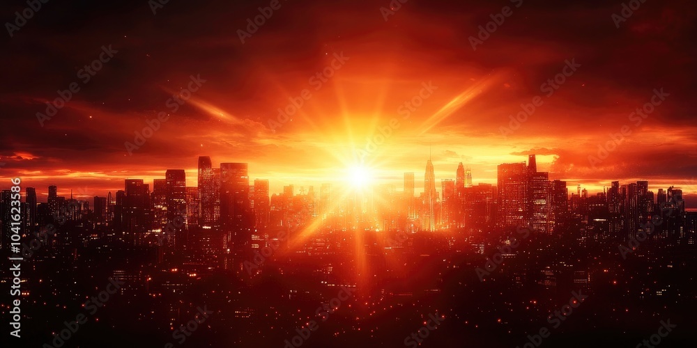 Sunset over an urban skyline with vibrant colors illuminating the sky, Vibrant sunset over urban skyline Sunset over an urban skyline with vibrant colors illuminating the sky, Vibrant sunset over urban skyline
