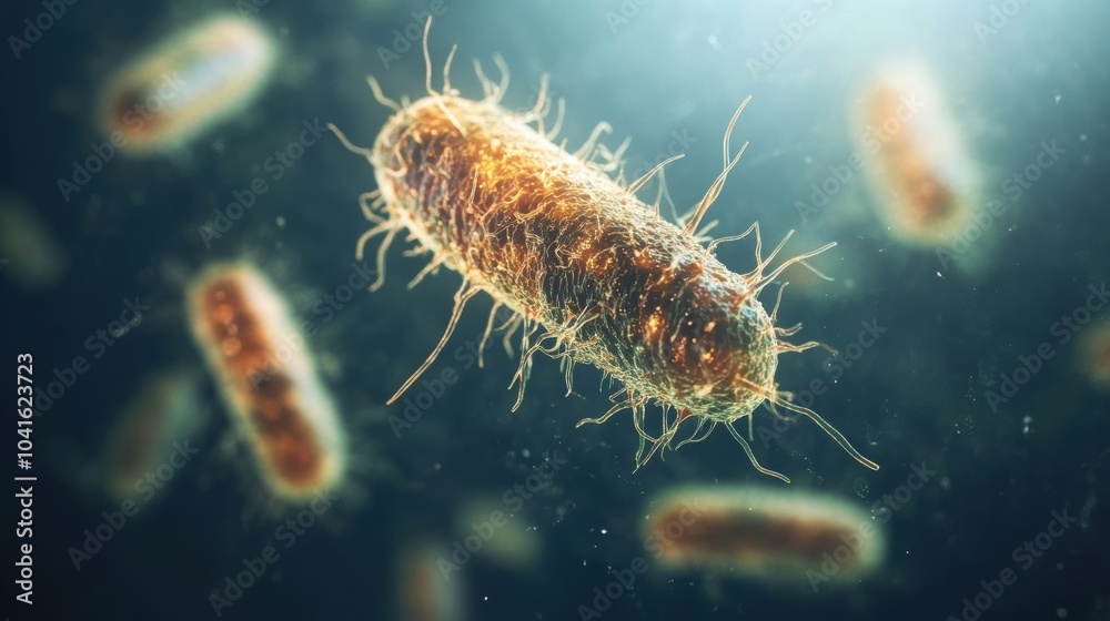 Detailed microscopic view of a single bacterium with a glowing effect, showcasing the intricate structure of the microorganism. Detailed microscopic view of a single bacterium with a glowing effect, showcasing the intricate structure of the microorganism.