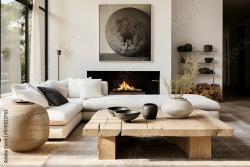 Minimalist interior design of modern living room. Rustic barn wood coffee table near corner sofa against wall with fireplace, frame and shelf.