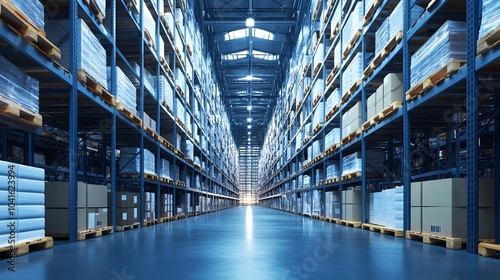 Efficient Storage System with Tall Shelves Filled with Boxes in a Clean Warehouse Setup