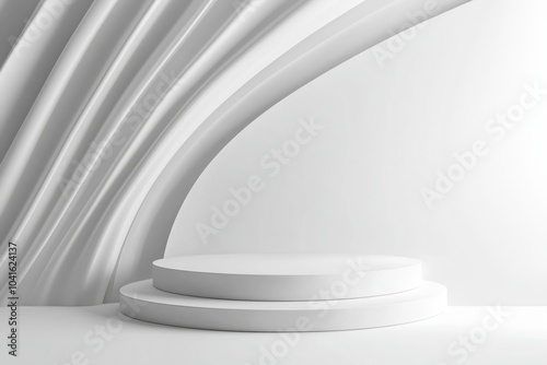 3D round product podium in white color background with curve wall backdrop. Abstract composition in minimal design. 3D Studio showroom product pedestal  Fashion showcase mockup scene. Banner cosmetic 