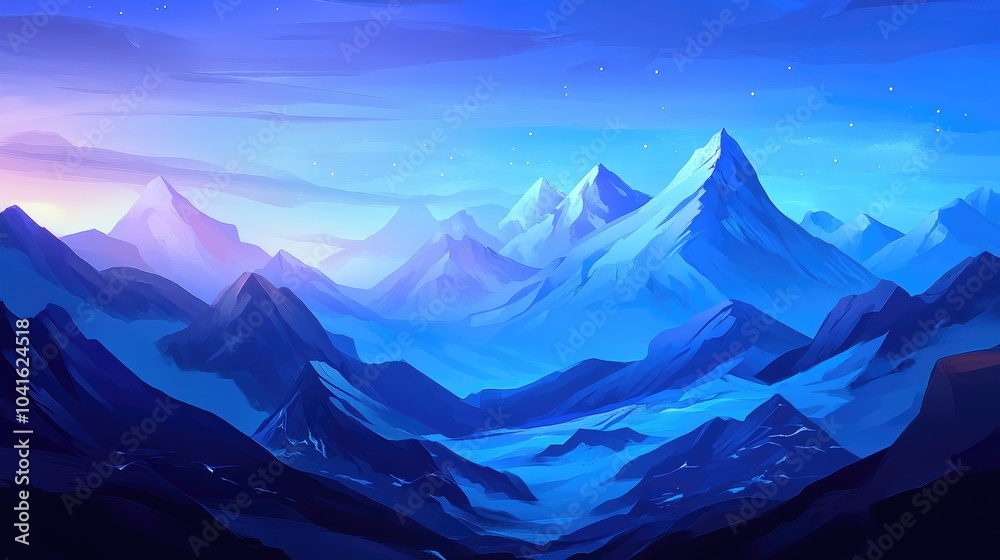 Fototapeta premium Cartoon illustration of a vast mountain range under a dusk atmosphere featuring a cool color gradient against a blue background suitable for advertising design