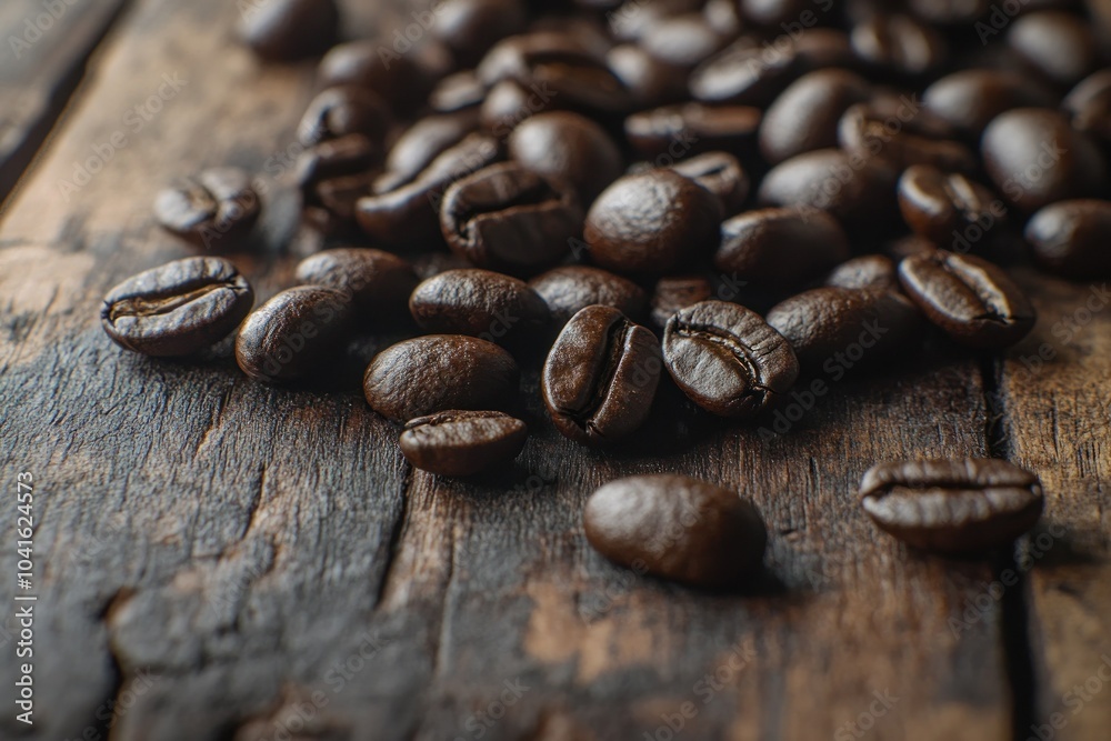 Fototapeta premium Fresh Coffee Beans on Rustic Wooden Surface