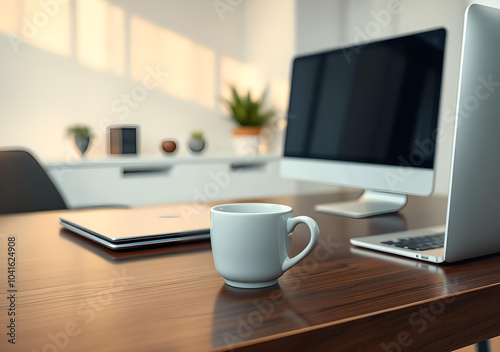 White coffee cup with laptop on office table for business concept, in clean office,