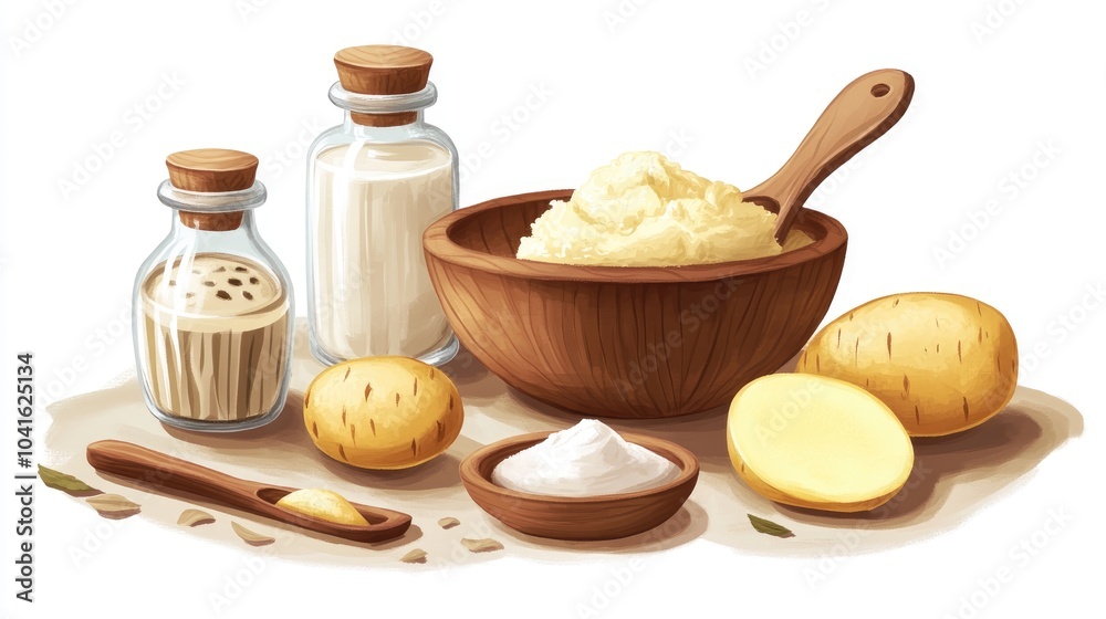 Color illustration of the potato peeling process showcasing natural products Color illustration of the potato peeling process showcasing natural products