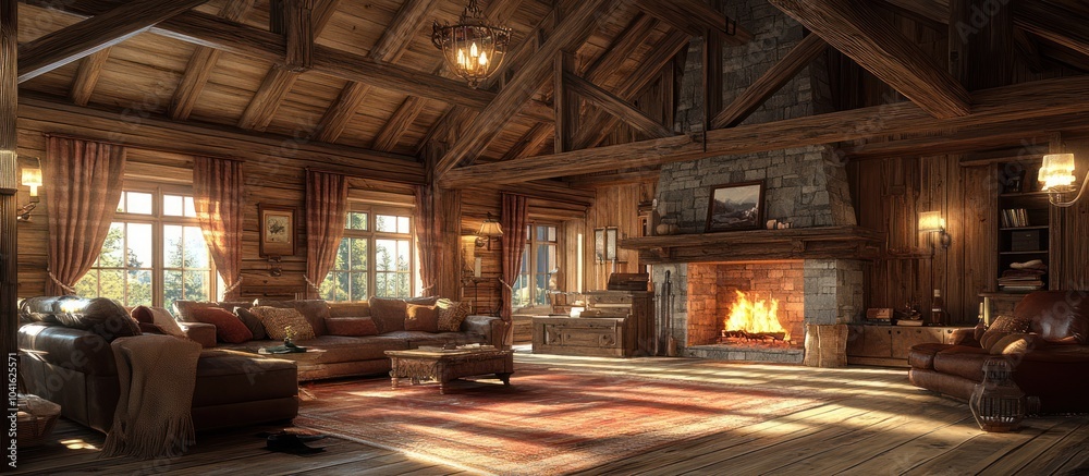 Cozy living room with fireplace, wood beams and large windows. Cozy living room with fireplace, wood beams and large windows.